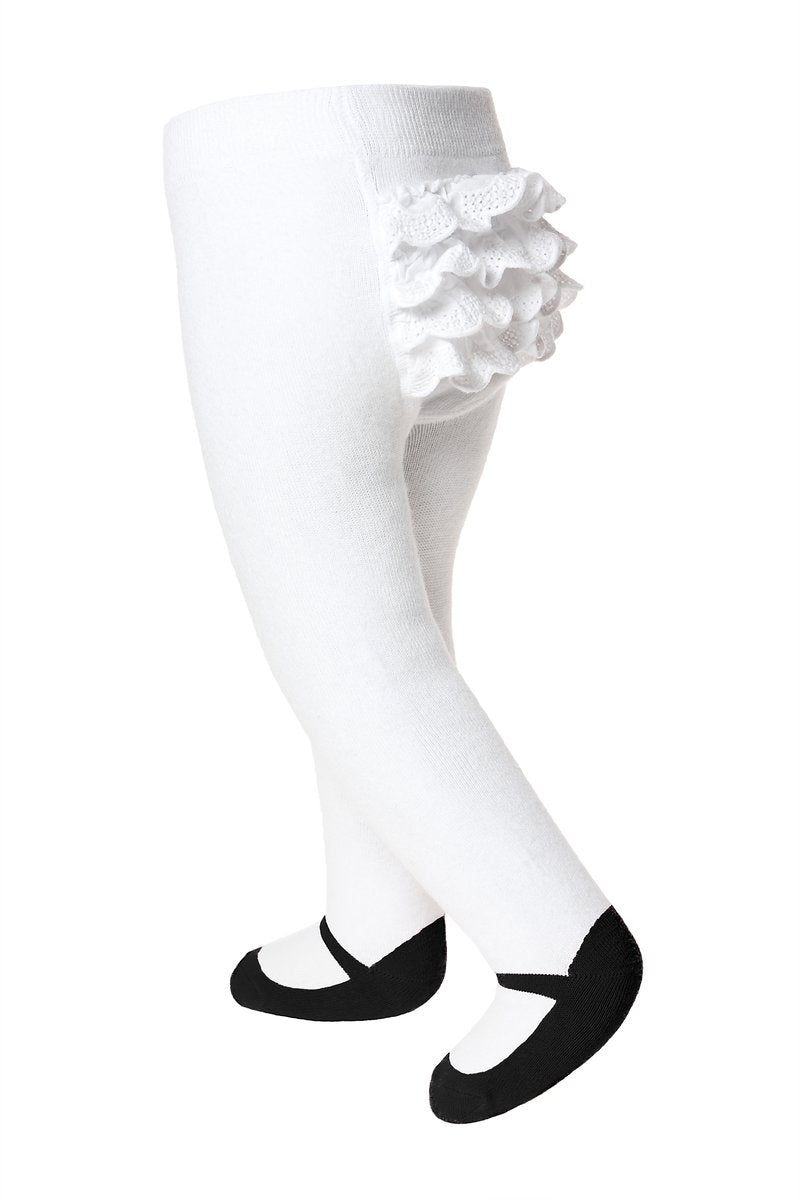 Baby girl ruffle bottom tights with sewn-in black shoe design