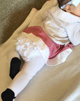 Baby Emporio baby girl ruffle bottom tights with black shoe design and anti-slip soles, 0-6 months