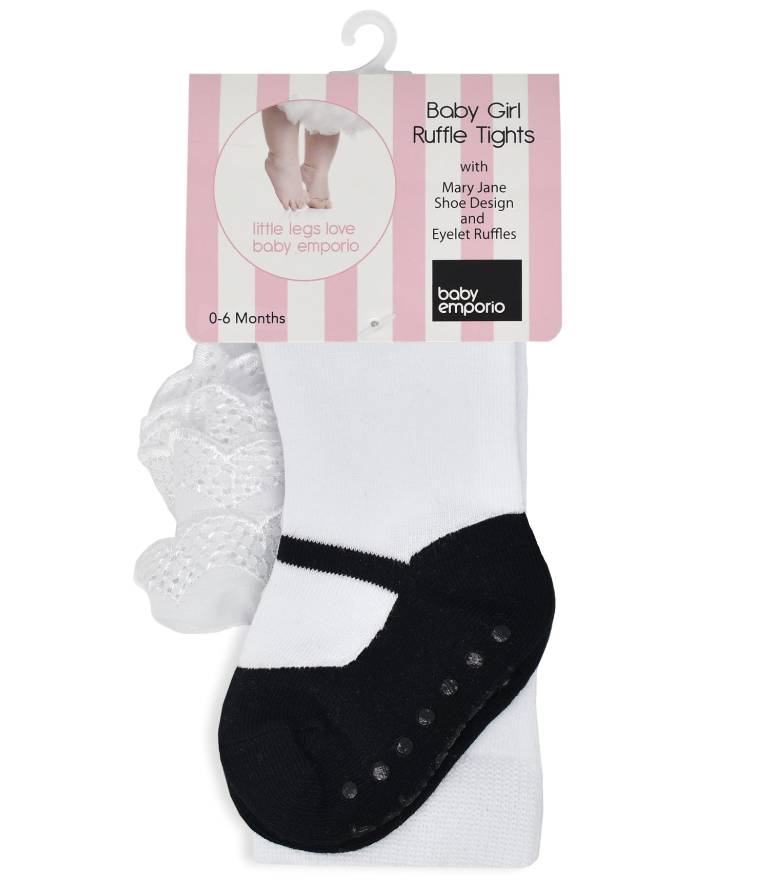  Baby Emporio baby girl ruffle bottom tights with black shoe design and anti-slip soles, 0-6 months