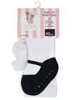 Baby Emporio baby girl ruffle bottom tights with black shoe design and anti-slip soles, 0-6 months