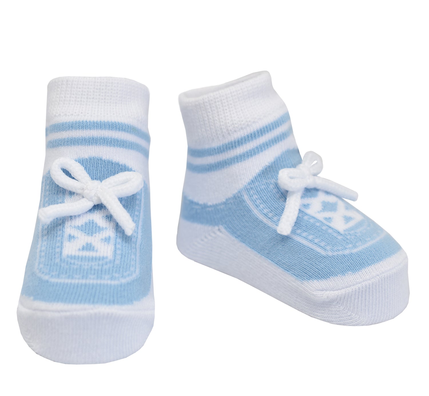 Little boy socks in light blue with shoelaces in a gift box