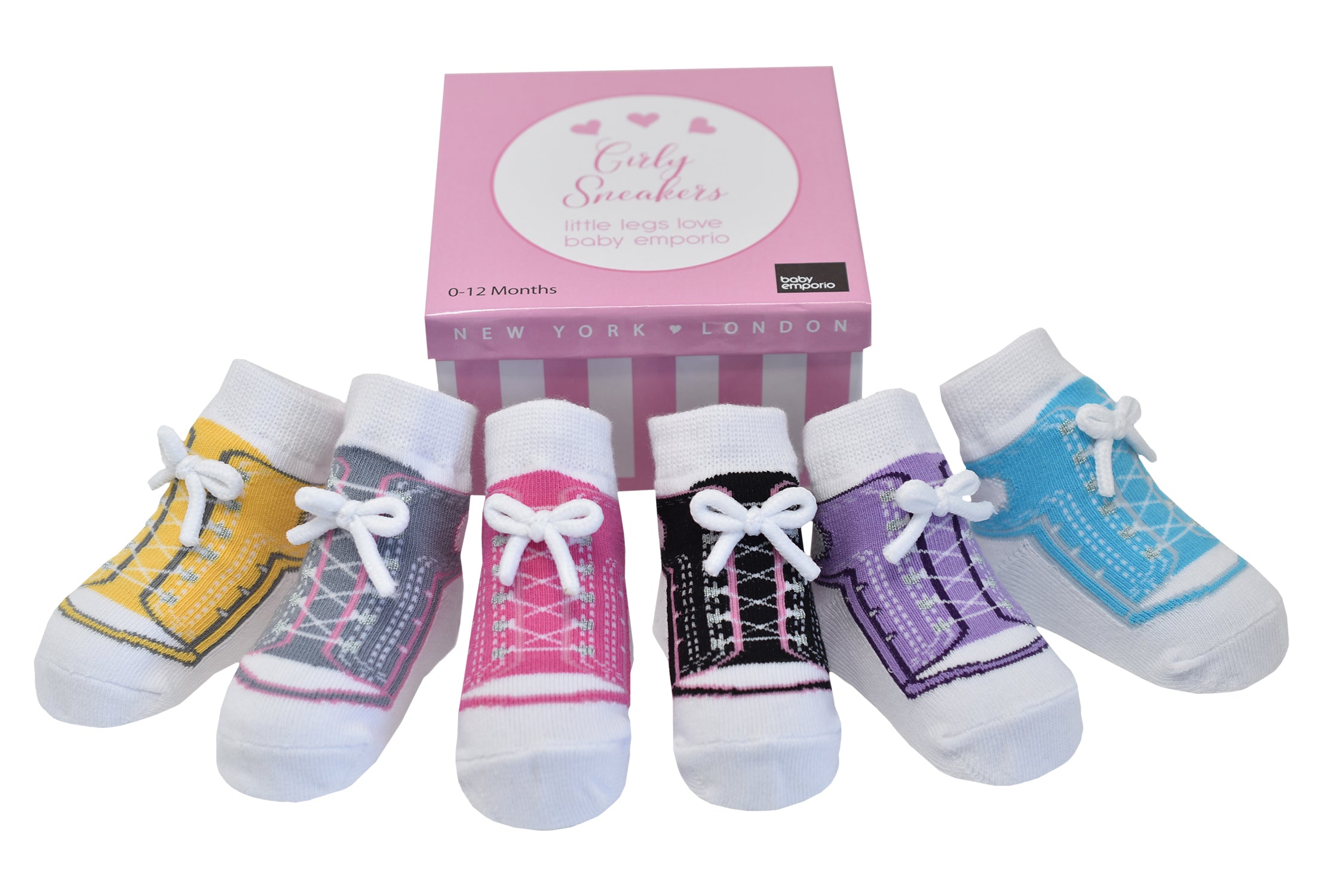 Baby girl socks that look like sneaker socks 6 pairs with faux shoe laces in a gift box for baby girl 0-12 months