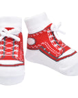 Red baby boy sneaker socks that look like shoes with faux shoelaces