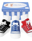 Sneaker shoe look socks for infant boys in gift box, a baby shower present