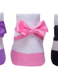 Baby girl ballerina socks pink black and lavender with satin bows by Baby Emporio and gift packaged