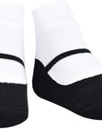 Black Mary Jane shoe look socks with white top