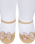 Baby Emporio baby infant girl tights with gold sparkle shoe look and gold satin bows, anti-slip soles and comfort waist, size 0-6 months