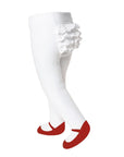 Baby Emporio infant girl ruffle tights for ages 0-6 months, featuring a red shoe design and anti-slip soles with a comfort waist