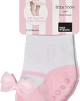Pink baby girl socks on hanger, with satin bows and non-slip gripper soles
