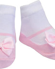 Pink satin bows on Mary Jane shoe look socks by Baby Emporio