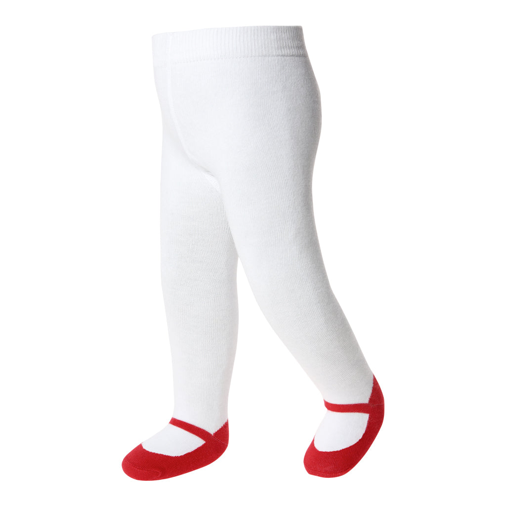 White toddler girl tights with red feet like Mary Jane style shoes and non-slip soles