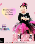 Sneaker socks with faux shoe laces and rock and roll outfit for sporty baby girl with faux shoe laces in a gift box