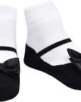 Black festive Mary Jane look socks that look like shoes, with black satin bows