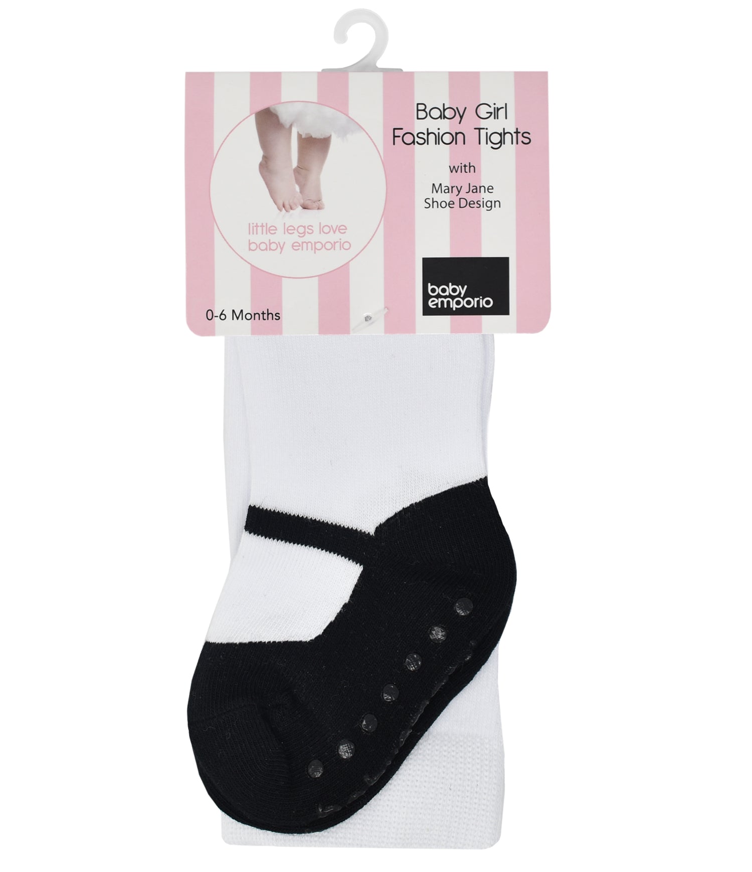 Baby Emporio infant baby girl tights for ages 0-6 months, featuring a black shoe design and anti-slip soles with a comfort waist