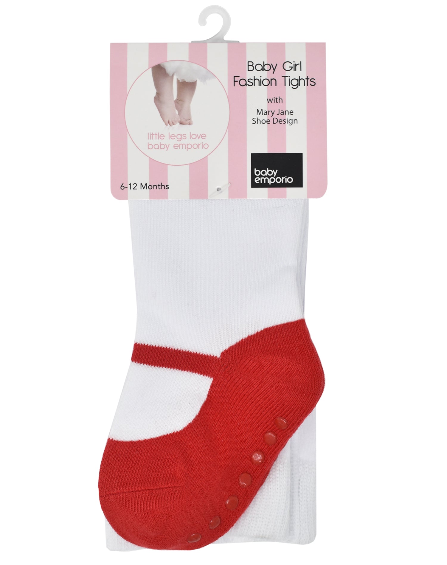   Baby girl tights with red Mary Jane shoe-look design by Baby Emporio on hanger size 6-12 months