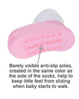 Anti-slip soles on pink baby girl socks by Baby Emporio size 12-24 months