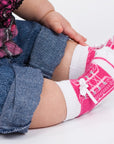 Baby girl infant pink sneaker socks with faux shoe laces and non-slip soles