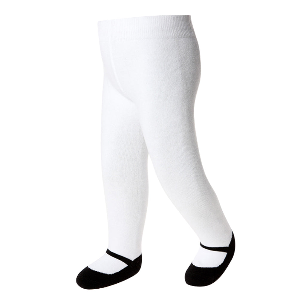  Baby Emporio white infant girl tights, size 6-12 months, featuring black Mary Jane shoe design and anti-slip soles