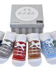 Baby boy socks with faux shoe laces 6 pair in gift box for baby shower or baby gift