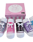 Baby girl socks that look like sneaker socks 6 pairs with faux shoe laces in a gift box for baby girl 0-12 months