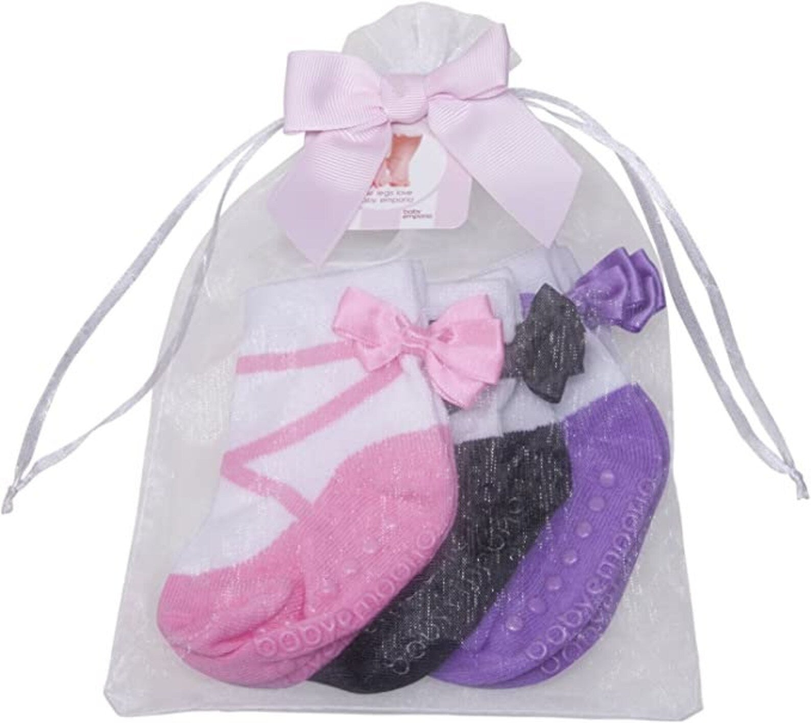 3 Pairs of Ballerina baby girl socks with ballet shoe design and satin bows, by Baby Emporio