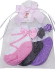3 Pairs of Ballerina baby girl socks with ballet shoe design and satin bows, by Baby Emporio