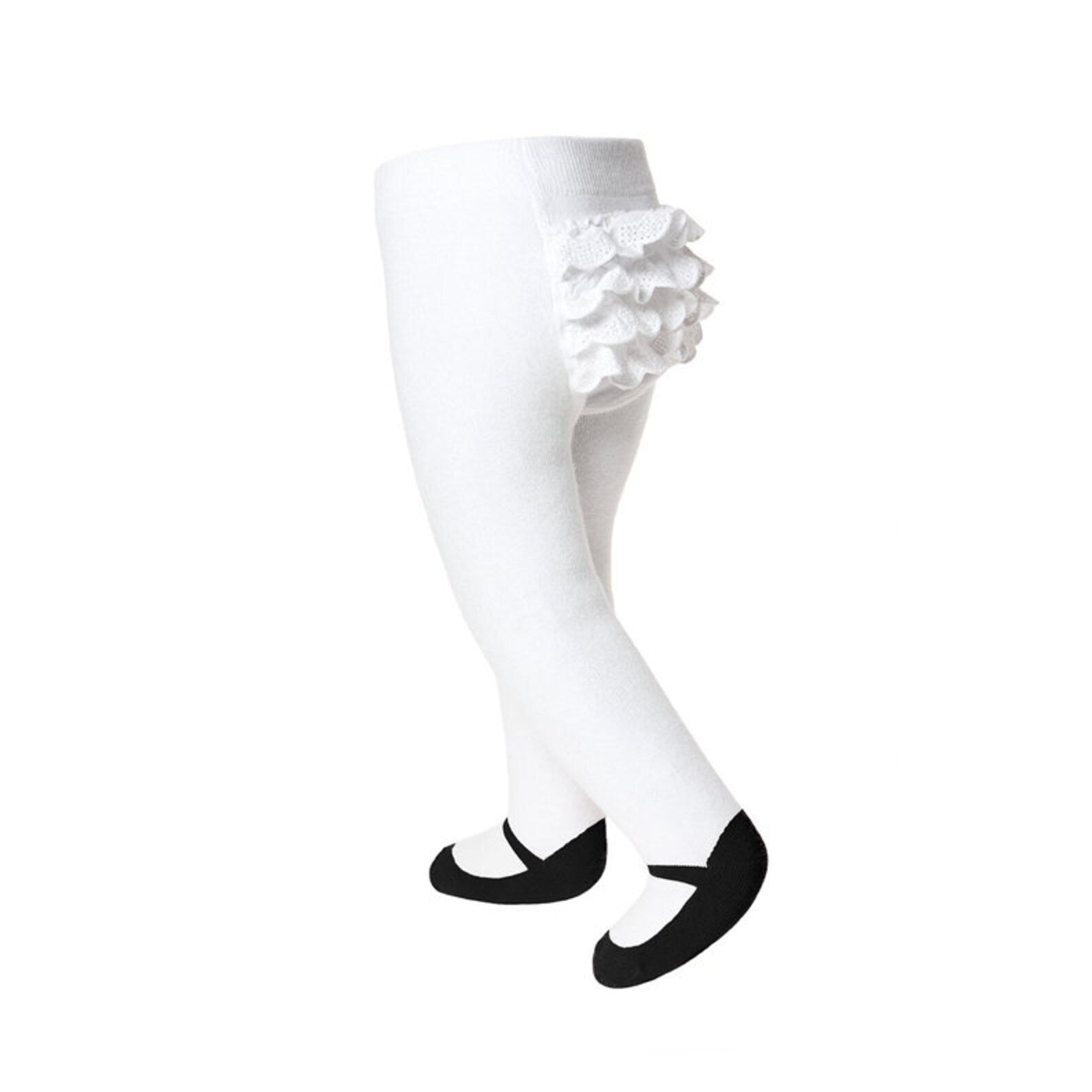  Baby Emporio infant girl ruffle tights for ages 6-12 months, featuring a black shoe design and anti-slip soles with a comfort waist
