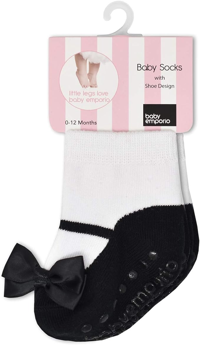 Black baby girl socks with shoe design and black satin bows 0-12 months