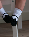 Baby Infant girl socks 0-12 month size, look like shoes with black satin bows and anti-slip soles