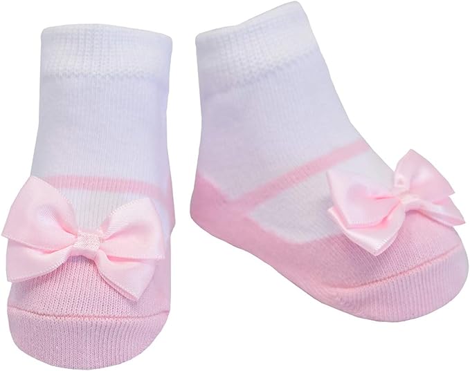 Pink ballerina baby girl socks shoe look with satin bows and anti-slip gripper soels