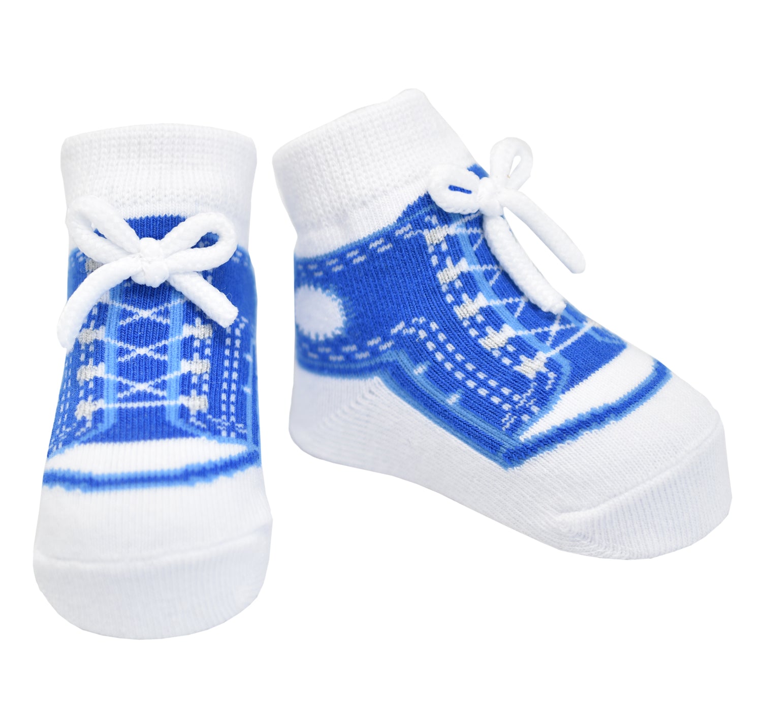 Blue baby boy sneaker socks that look like shoes with faux shoelaces