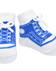 Blue baby boy sneaker socks that look like shoes with faux shoelaces