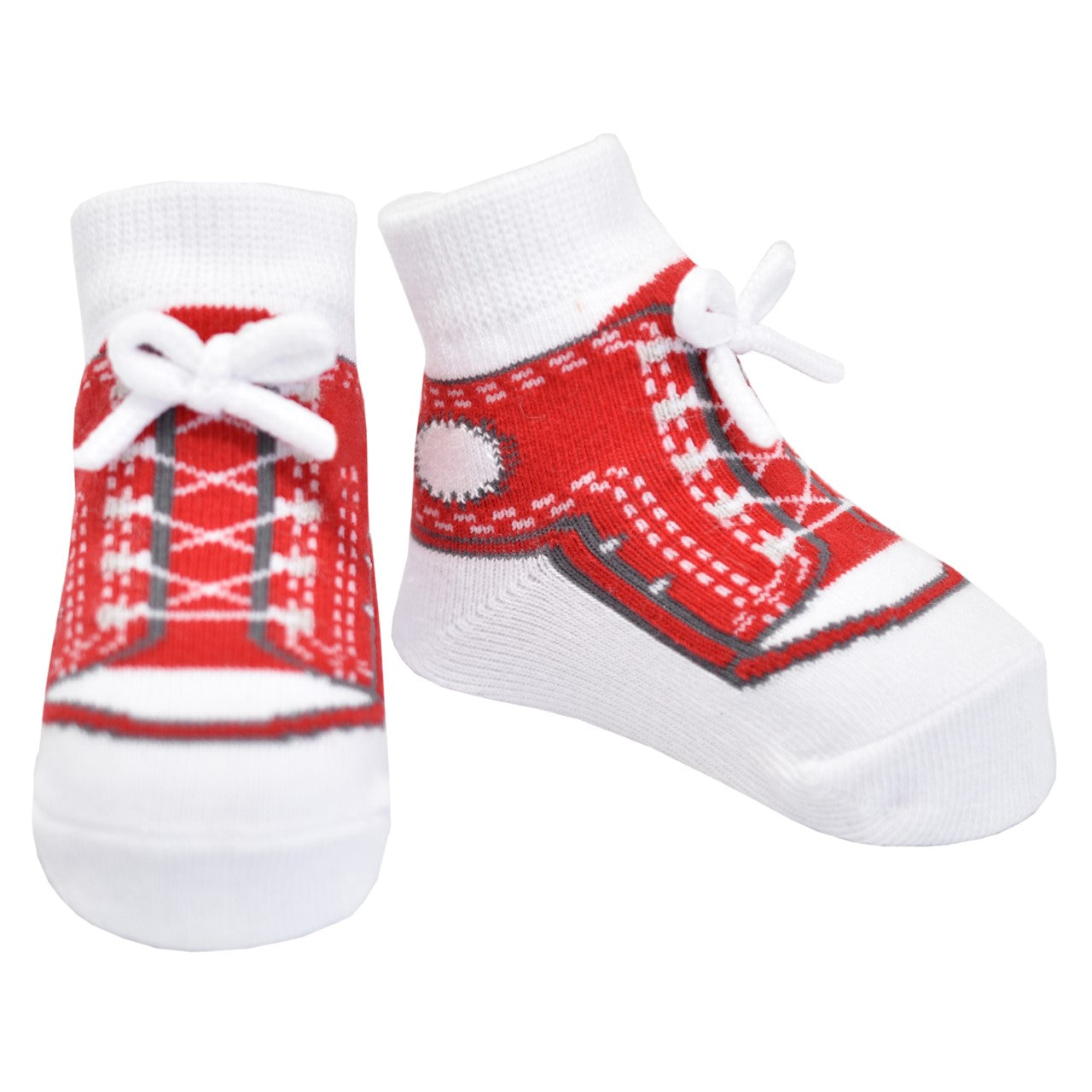 Red baby boy sneaker socks that look like shoes with faux shoelaces