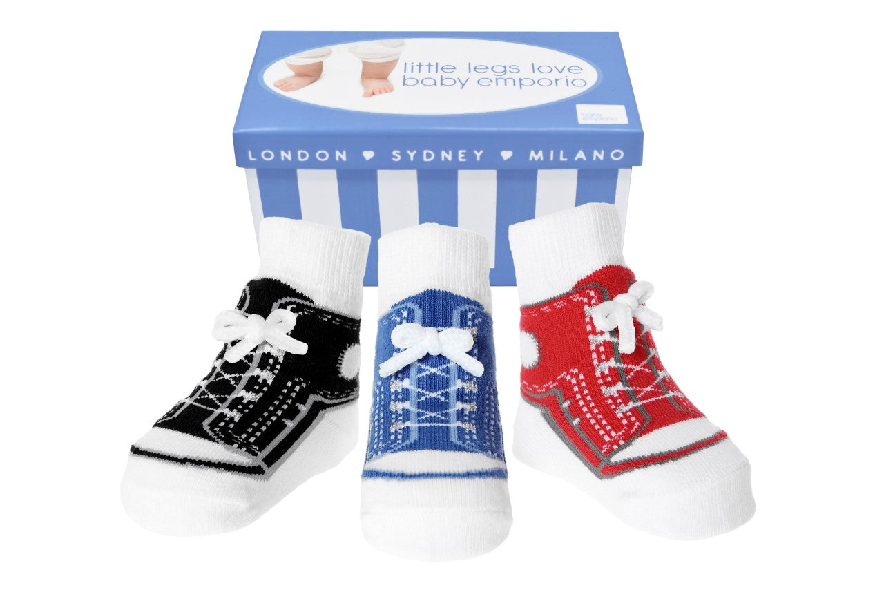 Sneaker shoe look socks for infant boys in gift box, a baby shower present