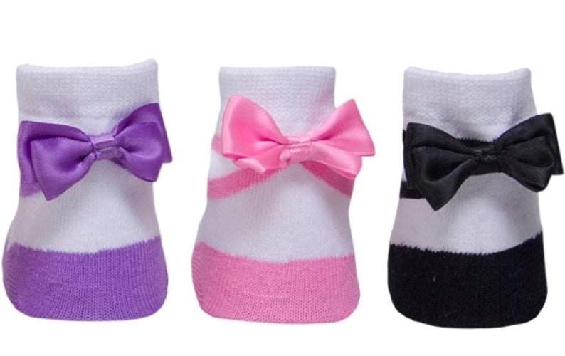 Baby girl ballerina socks pink black and lavender with satin bows by Baby Emporio and gift packaged