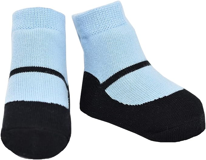 Black Mary Jane shoe look socks with light blue top