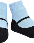 Black Mary Jane shoe look socks with light blue top