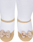 Baby Emporio baby infant girl tights with gold sparkle shoe look and gold satin bows, anti-slip soles and comfort waist size 6-12 months