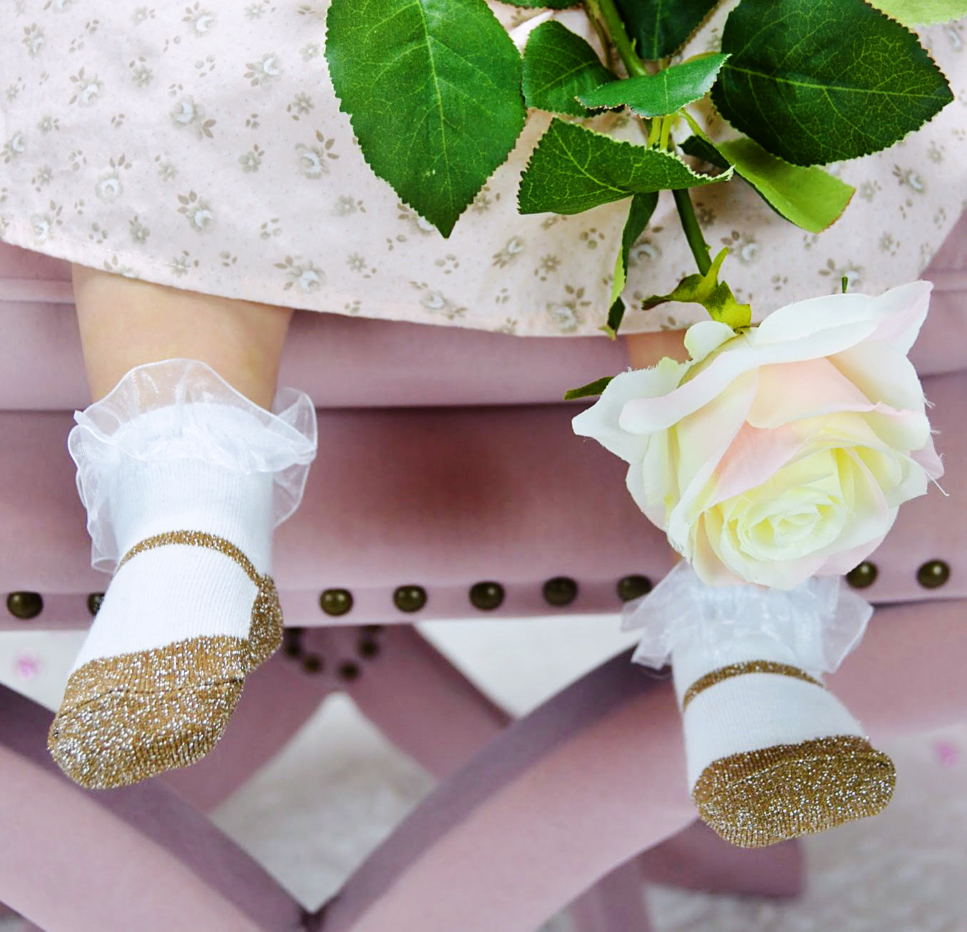 Baby Emporio infant girl  gold sparkle baby socks with nearly invisible anti-slip soles matching the socks gold sole color