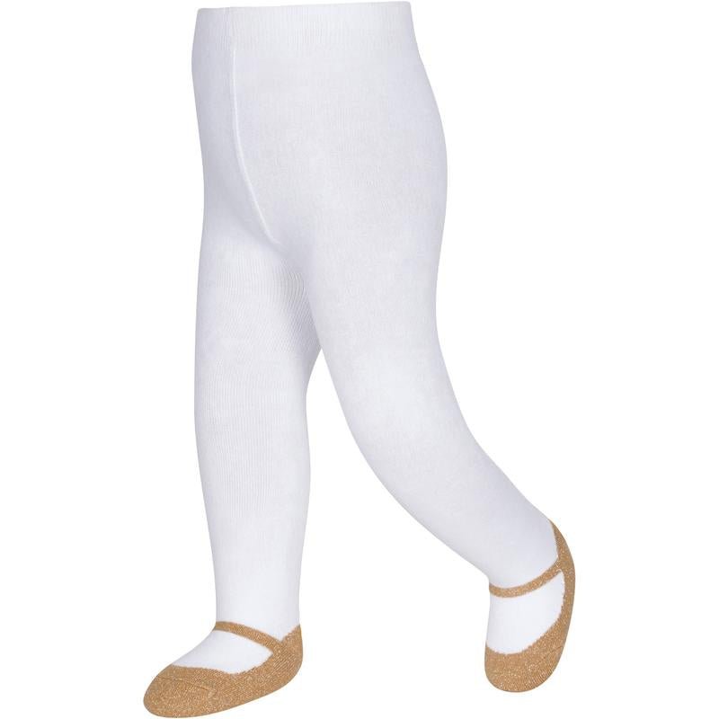 BABY GIRL TIGHTS with gold sparkle shoe-design. Anti-slip soles. 6-12 months