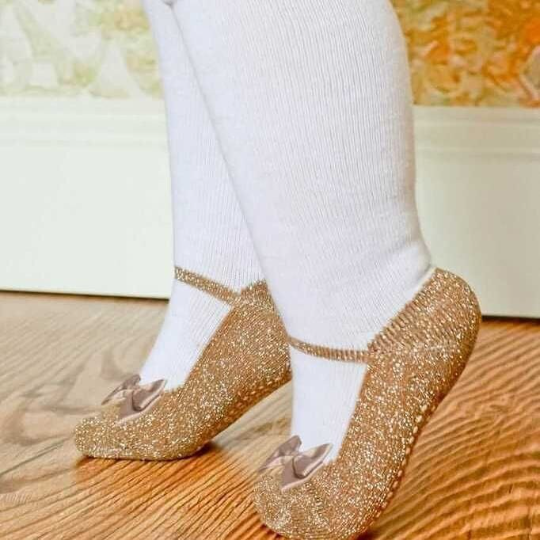 BABY GIRL TIGHTS with gold sparkle shoe design. Satin bows anti slip soles. 0 6 months