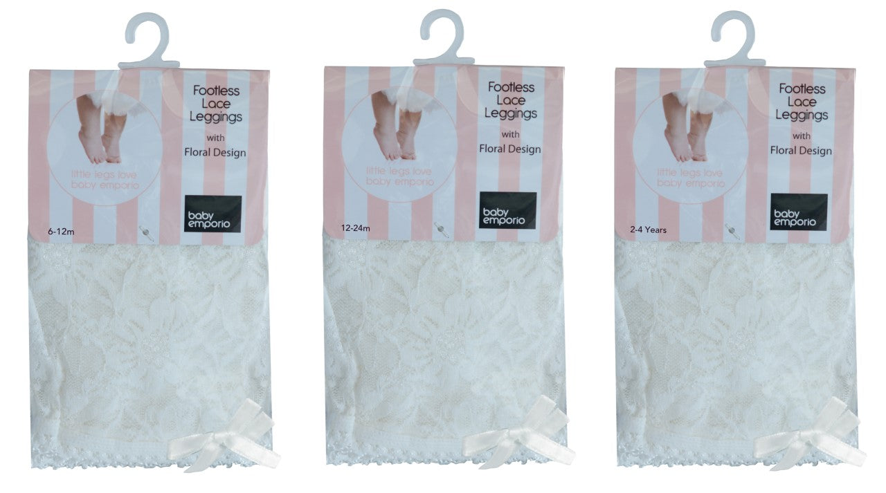 LACE LEGGINGS-Floral design with satin bows. Soft nylon. 6-12, 12-24 months and 2-4 years
