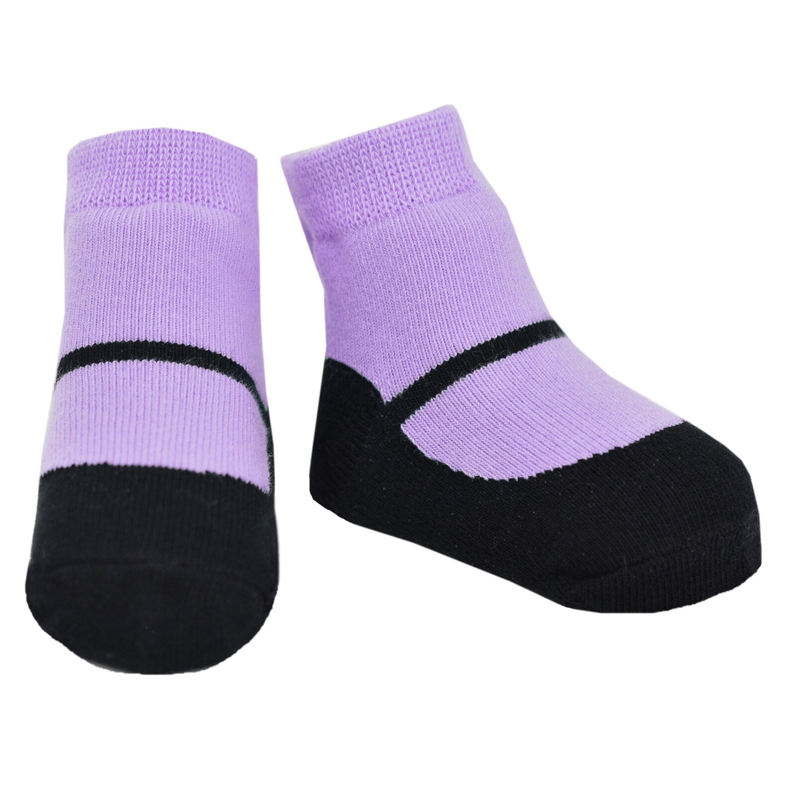 Black Mary Jane shoe look socks with lavender top