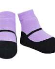 Black Mary Jane shoe look socks with lavender top