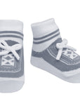 Light grey toddler boy socks with faux shoelaces and non-slip gripper soles for baby gift