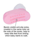 Anti-slip soles on pink baby girl socks with shoe design look by Baby Emporio