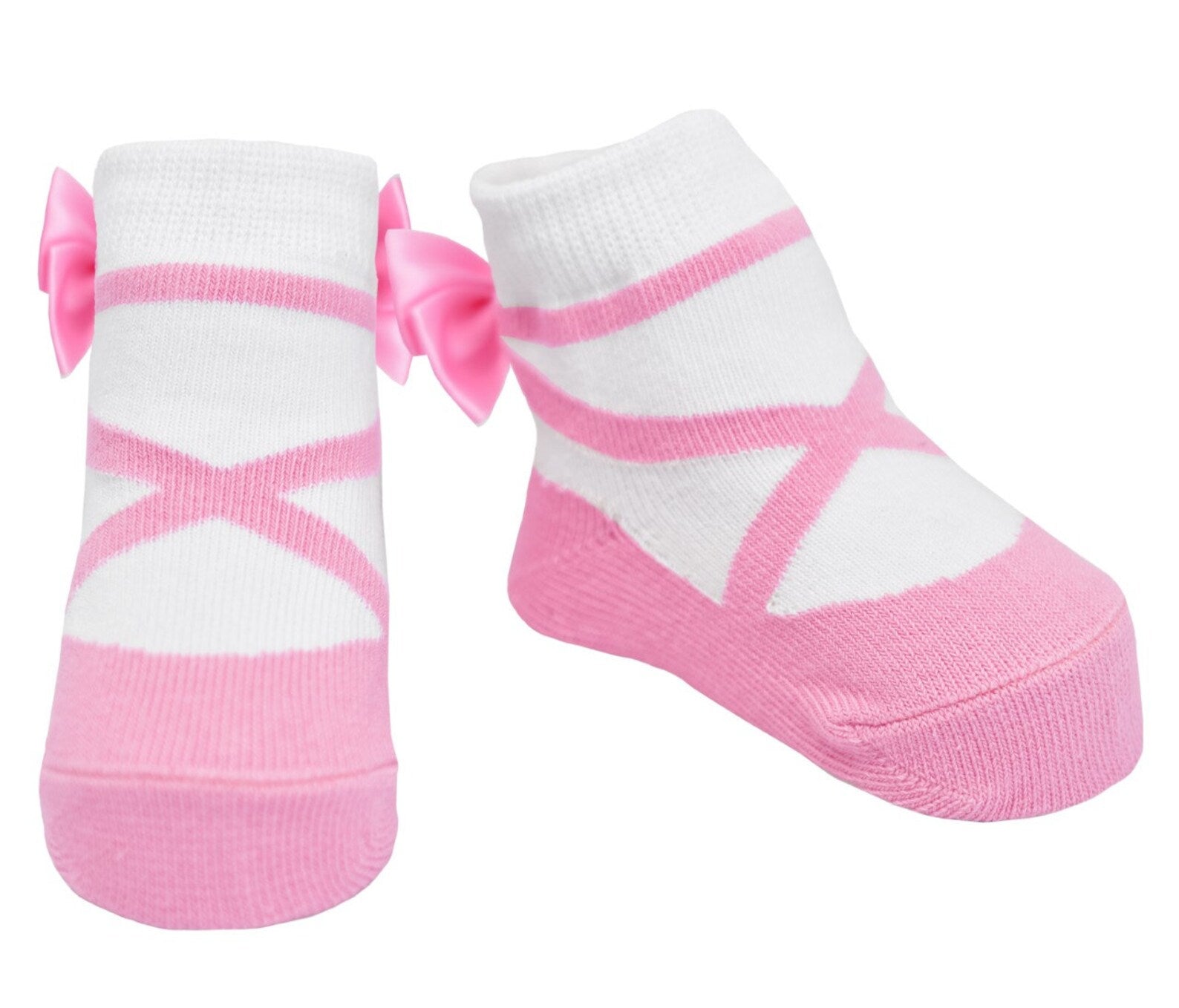 Pink ballerina socks that look like ballet shoes with pink satin bows gift packaged 6 pairs by Baby Emporio