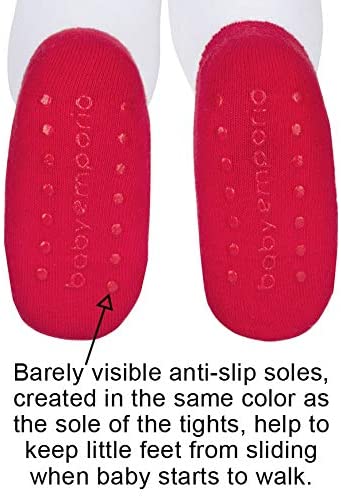 Red anti-slip soles shown on Baby Emporio tights with shoe look design size 0-6 months