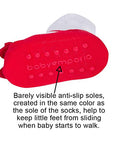 Baby Emporio infant girl baby socks with nearly invisible anti-slip soles matching the socks red sole color