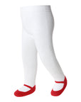 White toddler girl tights with red feet like Mary Jane style shoes and non-slip soles